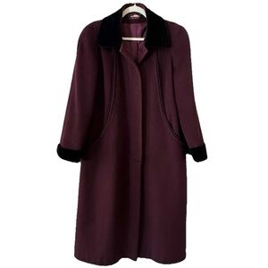 Vintage 80s Forstmann Wool Coat Burgundy Velvet Collar Long Petite USA
